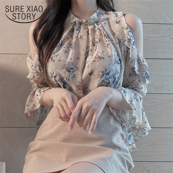 

spring summer short sleeve ol chiffon shirt offshoulder pullover floral loose blouse women blusas mujer de moda 9930 220707, White