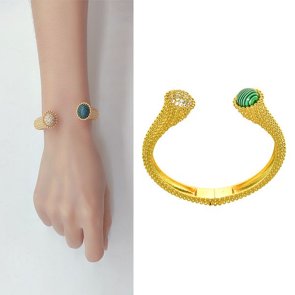 Gioielli per donna Bracciale in agata verde a forma di U con diamanti Ciondolo per polsino in metallo rame retrò Braccialetti da donna femminili Gioielli Pietra di cristallo