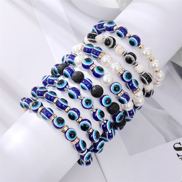 

turkish lucky evil eye bracelets strands bangle imitation pearls blue eyes beaded charm bracelet for women men couple fashion handmade gothi, Black