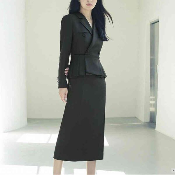 

women's two piece pants autumn women's suit crimped ruffle slim fitting small high waist a-line skirt two piece set, White