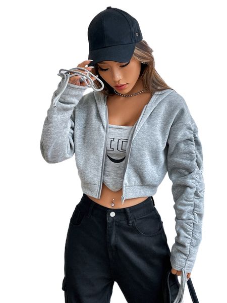 

drop shoulder drawstring hoodie 81as#, Black