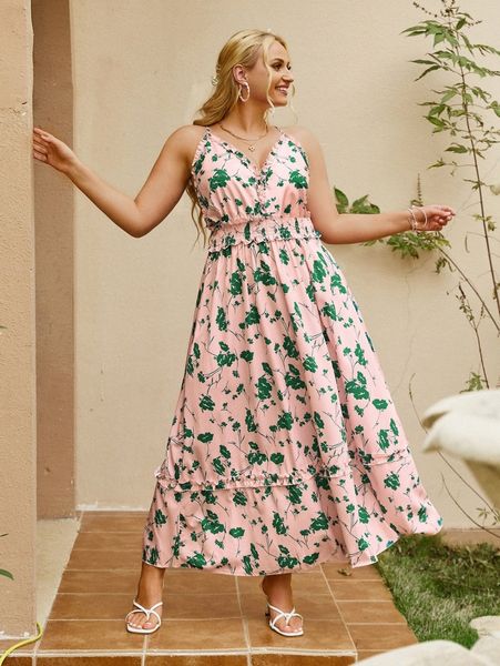 

simplee plus floral print open back ruffle hem cami dress n73s#, Black