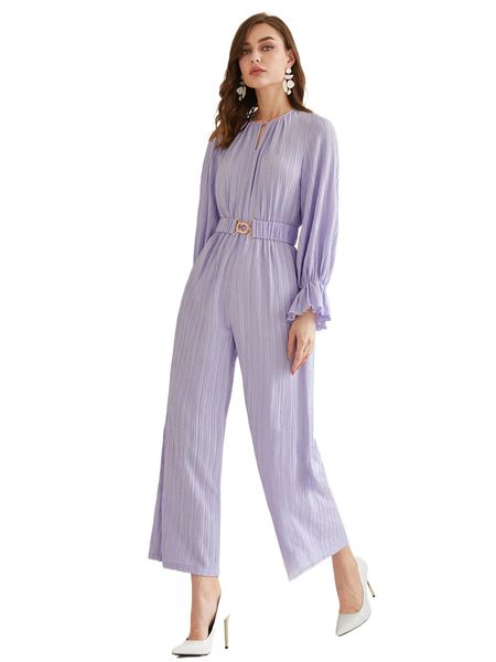 

keyhole neck flounce sleeve belted jumpsuit x87v#, Black;white