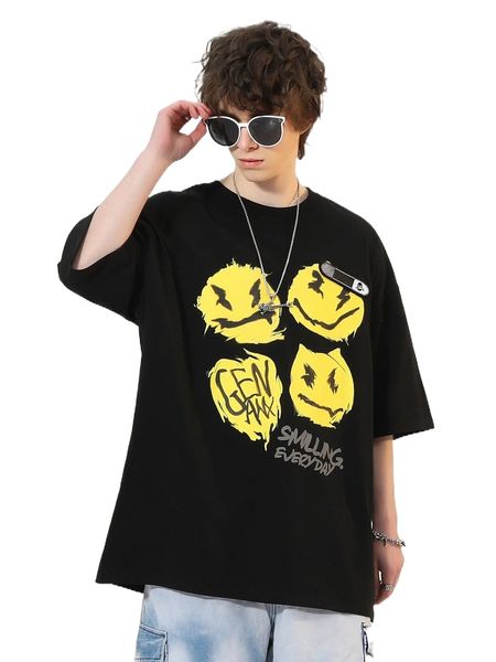 

men slogan & cartoon face print drop shoulder tee r8qn#, White;black