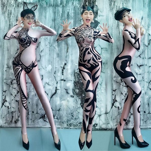 

women nude printing jumpsuit bar nightclub dj ds singer costumes pole dance performance stage bodysuit t200509, Black;white
