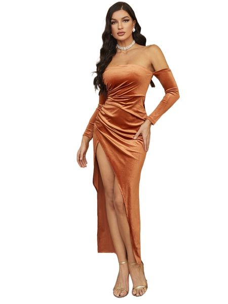 

off shoulder ruched side slit thigh velvet bridesmaid dress 404l#, White;black