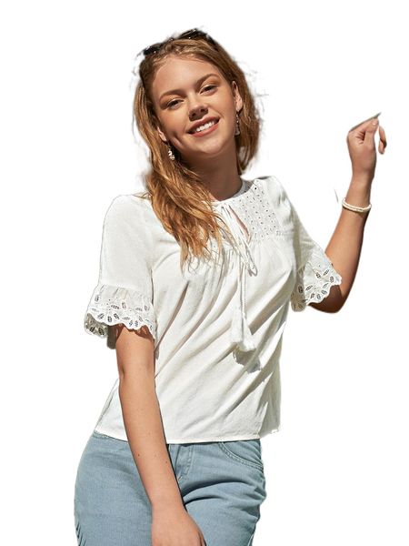 

tie neck eyelet embroidery i53z#, White