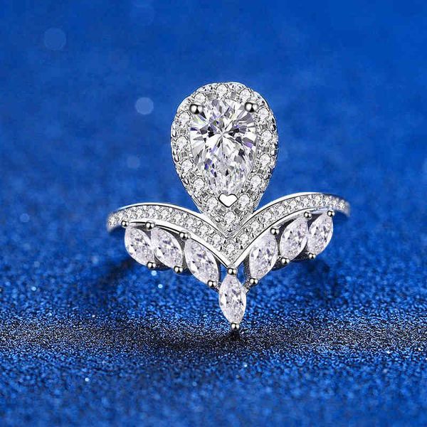 

fancy cut pear diamond wedding band 1 ct moissanite engagement ring for women platinum plating sterling silver bridal jewelry, Slivery;golden