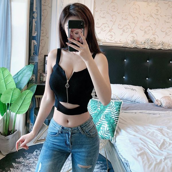 

women's tanks y2k women zipper fly camisoles knitted with hole female solid crop summer, White