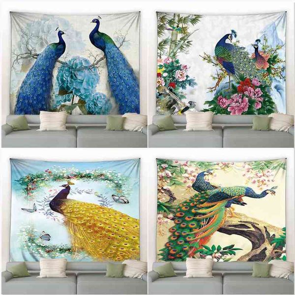 Pavoni Arazzo Fiori Animali Paesaggio Stile cinese Sfondo Tappeti appesi a parete Retro Arredamento camera da letto Grande coperta J220804