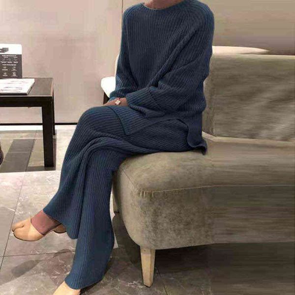 

women knitted tracksuit autumn winter solid o-neck 2 piece set ladies elegant pullover sweaters wide leg pants home suit 2021 t220729, Gray