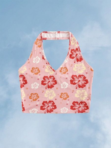 

romwe floral print ribbed crop halter d6di#, White