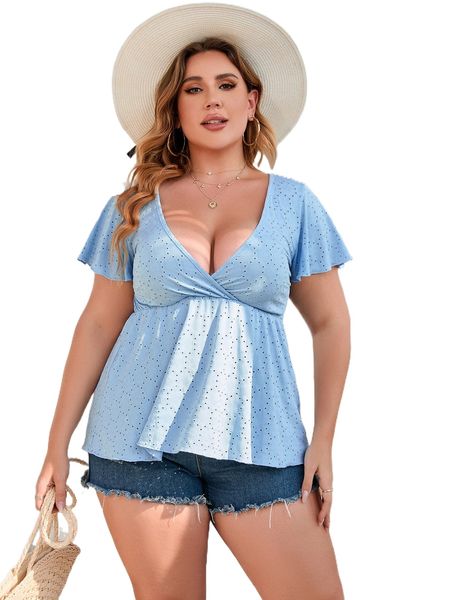 

plus plunging neck peplum blouse f9ka#, Black