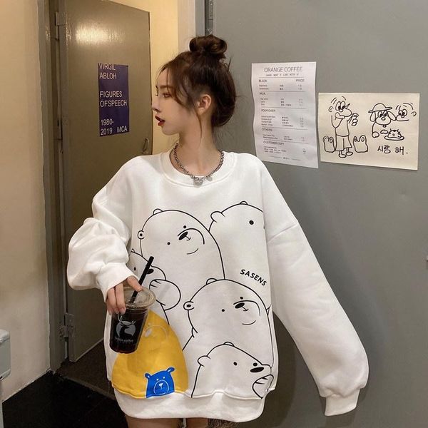 Kadın Hoodies Tişörtü QRWR Sonbahar Kış Kadın Moda Ayı Baskı Kawaii Anime Kazak Rahat Polar Kalın Yüksek Kalite