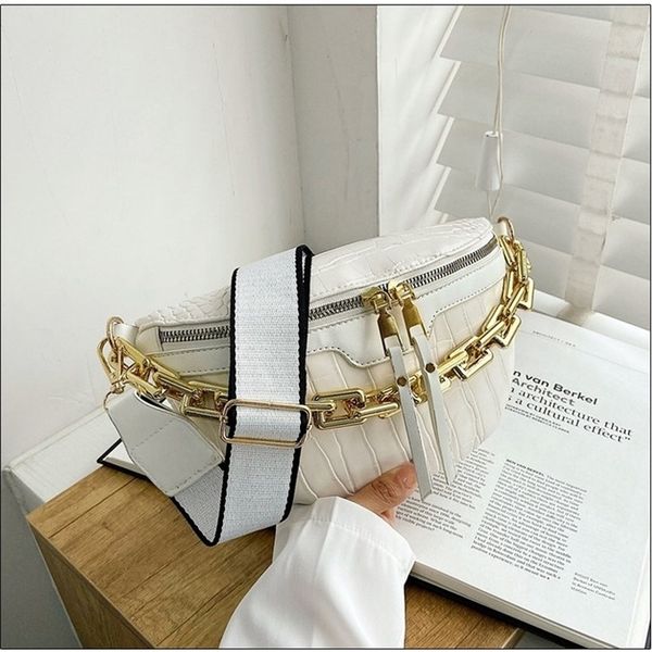 

vintage stone pattern pu leather waist bags for women stylish chain waist pack female fanny pack wide strap crossbody chest bag 220513