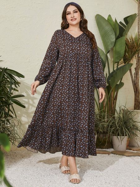 

plus ditsy floral lantern sleeve ruffle hem dress m67x#, Black