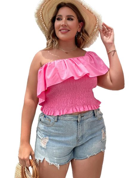 

plus one shoulder ruffle trim shirred v1lc#, Black