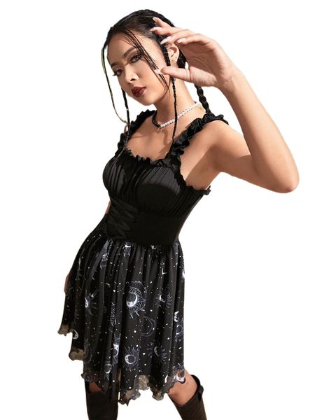 

romwe goth sun & moon graphic lace up frill dress i5yy#, Black;gray