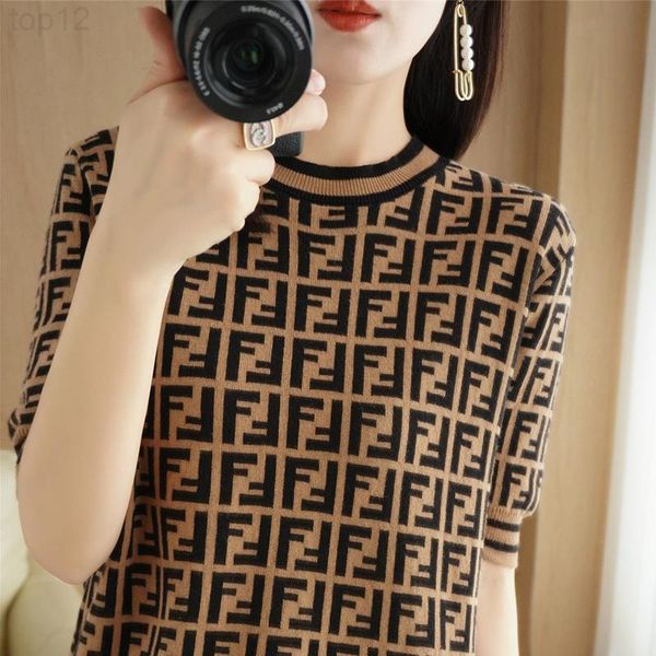 

designer 2022 spring and summer new double f letter jacquard short sleeve women's round neck knitted t-shirt large women 2022, White