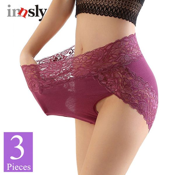 

3 piecespack highrise panties women underwear big size brand modal lace embroidery lingerie breathable plue size female briefs 201112, Black;pink