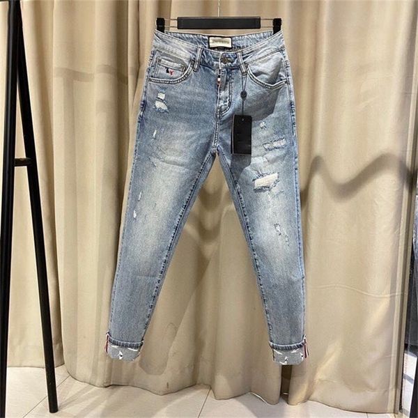 

fashion luxury brand tb jeans men spring autumn hole casual straight regular stretch denim trousers striped men's 220328, Blue