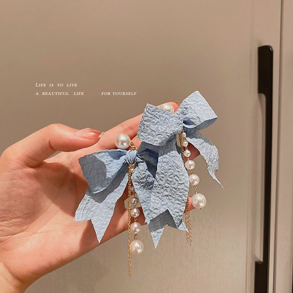 

925 silver needle korean retro organza bow exaggerated earrings pearl mori style tassel earrings eardrop, Golden