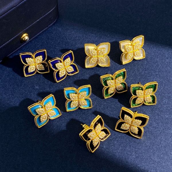 

2022 new arrive natural fritillary color four petal flower stud earrings for woman female three-dimensional pendant peacock green earrings g, Golden;silver