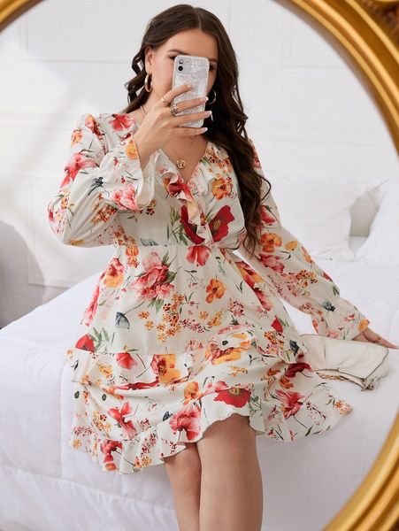 

plus floral print flounce sleeve layered hem dress 12yj#, Black