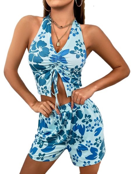 

allover floral print drawstring front backless crop halter with shorts s1um#, White