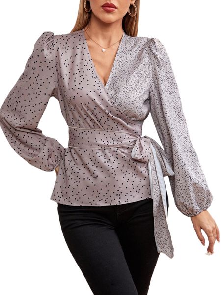 

polka dot print lantern sleeve belted blouse z76n#, White