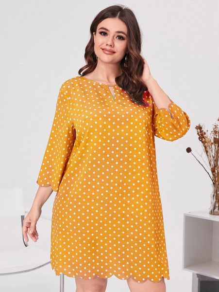 

plus polka dot scallop trim keyhole neck tunic dress z68e#, Black