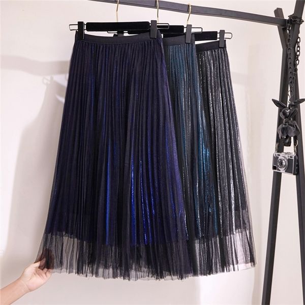 

gigogou sparkling sequined summer pleated skirts elegant women a line maxi skirt empire long tulle skirt midi holiday tutu skirt t200301, Black