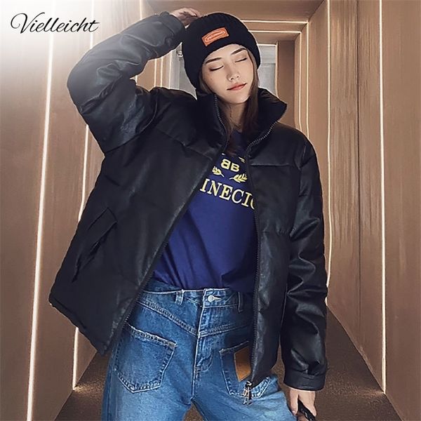 

vielleicht winter women parkas coat casual pu warm stand collar padded jacket female solid outwear snow winter jacket women 201126, Black