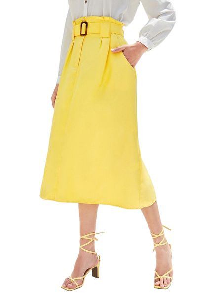 

slant pockets paper bag waist belted skirt r4et#, Black