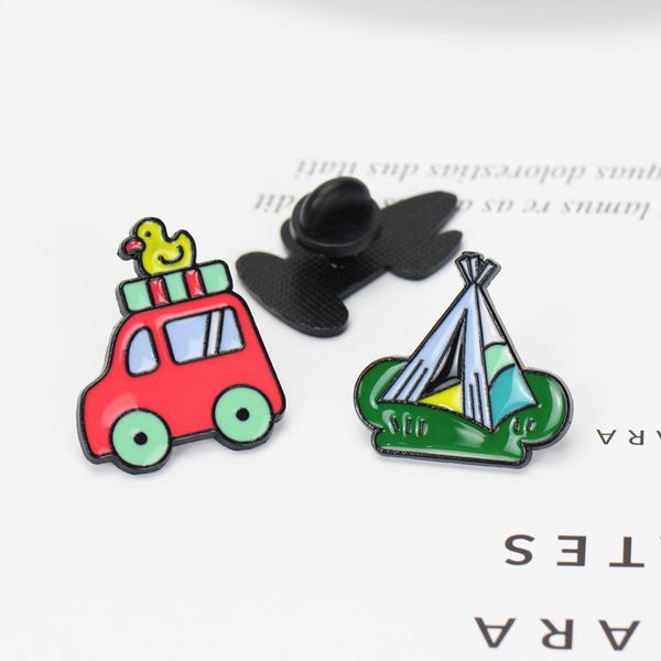 

cartoon outdoor mountaineering tent shape clothes brooch cactus plant car round alloy lapel pin for travel camping backpack hat jeans clothi, Gray