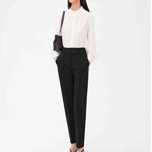 

women's pants capris class slim waist buckle high count elast wool roman cloth tapered trousers, Black;white