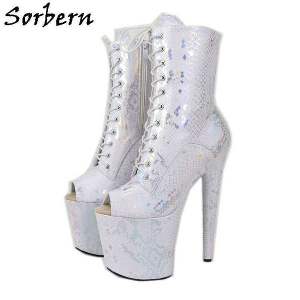 Botas de cobra brancas de Sorbern Holo para mulheres tornozelo alto stripper saltos exóticos dançarino de pole bdsm fetiche alto botas de salto personalizado