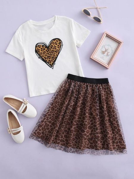 

girls heart & leopard graphic tee & contrast mesh skirt set she, White