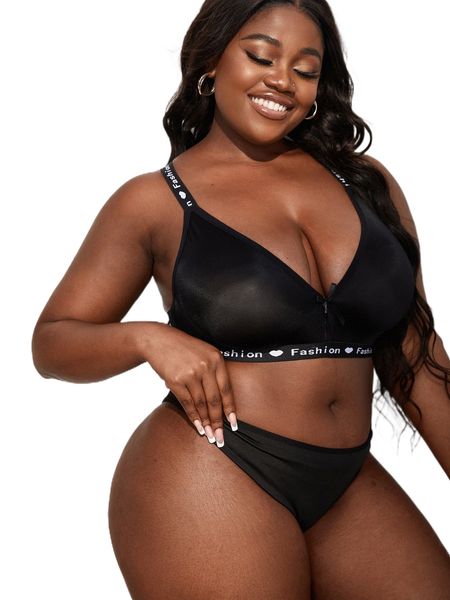 

plus contrast letter tape bow front bralette q3qa#, Black;white