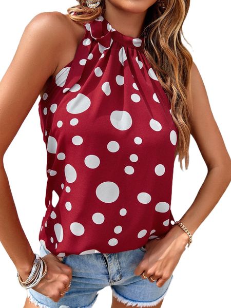 

polka dot knot halter neck blouse p1n8#, White