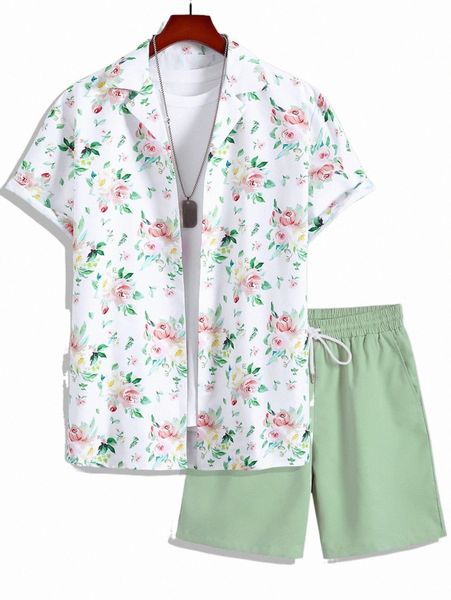 

men random floral print shirt & shorts without tee o2cr#, Gray