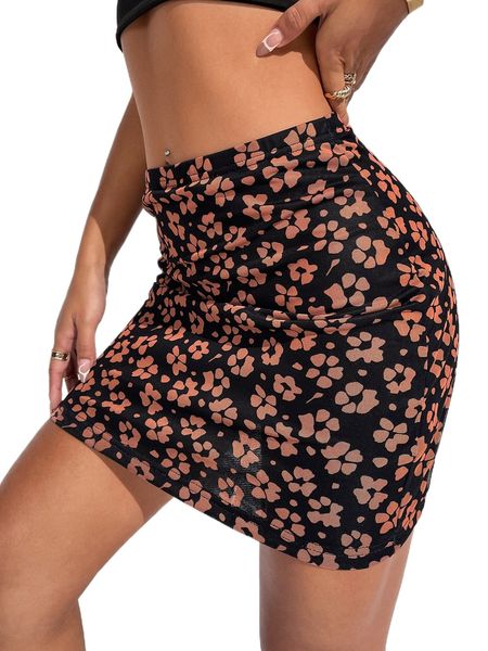 

floral print mesh bodycon skirt 45s0#, Black