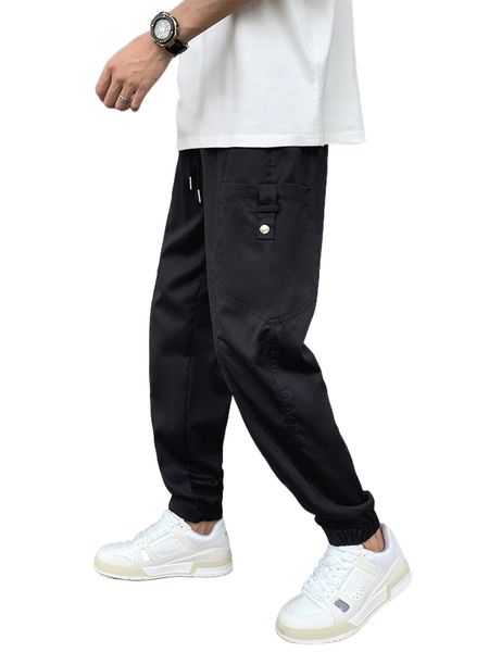 

men drawstring waist slant pockets cargo pants i3sn#, Black
