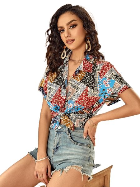 

patchwork print button up blouse v6dx#, White