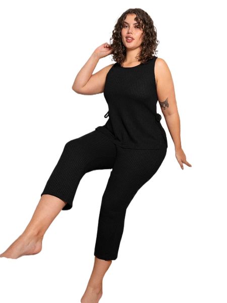 

plus knot slit side waffle knit pj set z35m#, Black;white