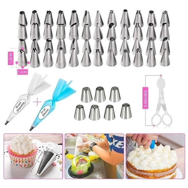 124 PCs Kit de decoração de bolo Dicas de gelo de gelo Sacos de pastelaria Turquilha Coupladores Creme Ferramentas de cozimento de bico de creme para cupcakes Cookies Y200618