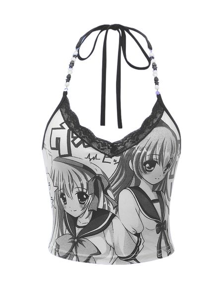 

romwe anime figure graphic beaded halter e6c7#, White