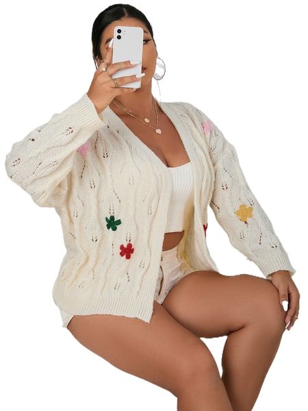 

plus floral embroidery pointelle knit drop shoulder cardigan n4iw#, Black