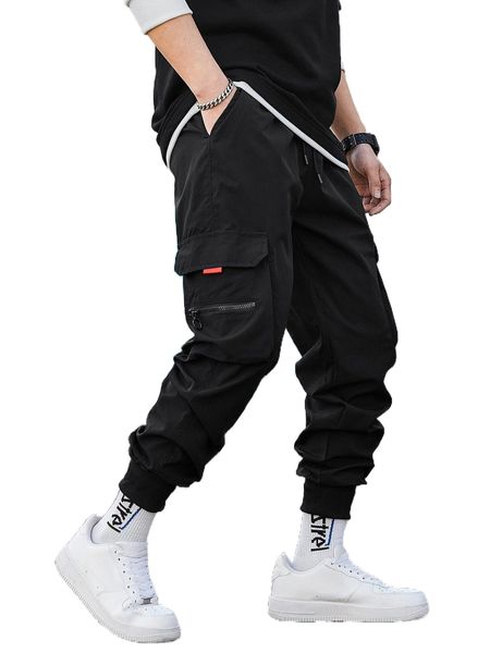 

men patched detail flap pocket drawstring waist pants l1vp#, Black