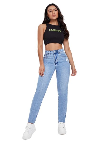 

curvy high waist raw hem ripped mom jeans y4az#, Blue